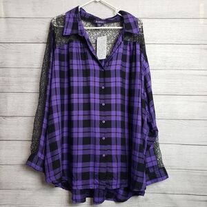 NWT Roamans Purple‎ Black Plaid Lace Button up Big Shirt Womens 26W